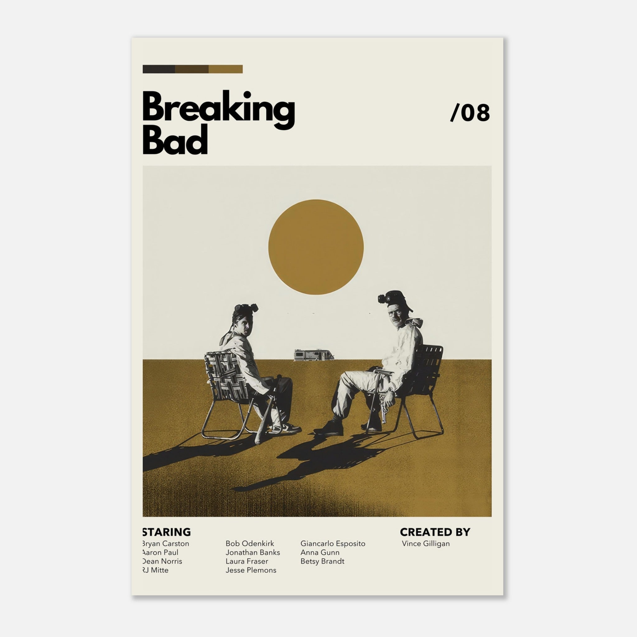 Vintage Breaking Bad metal print featuring Walter White and Jesse Pinkman in a minimalist desert scene with a bold sun motif.