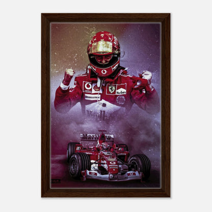 Michael Schumacher framed canvas print showcasing his iconic F1 triumph with vibrant colors and intricate details.