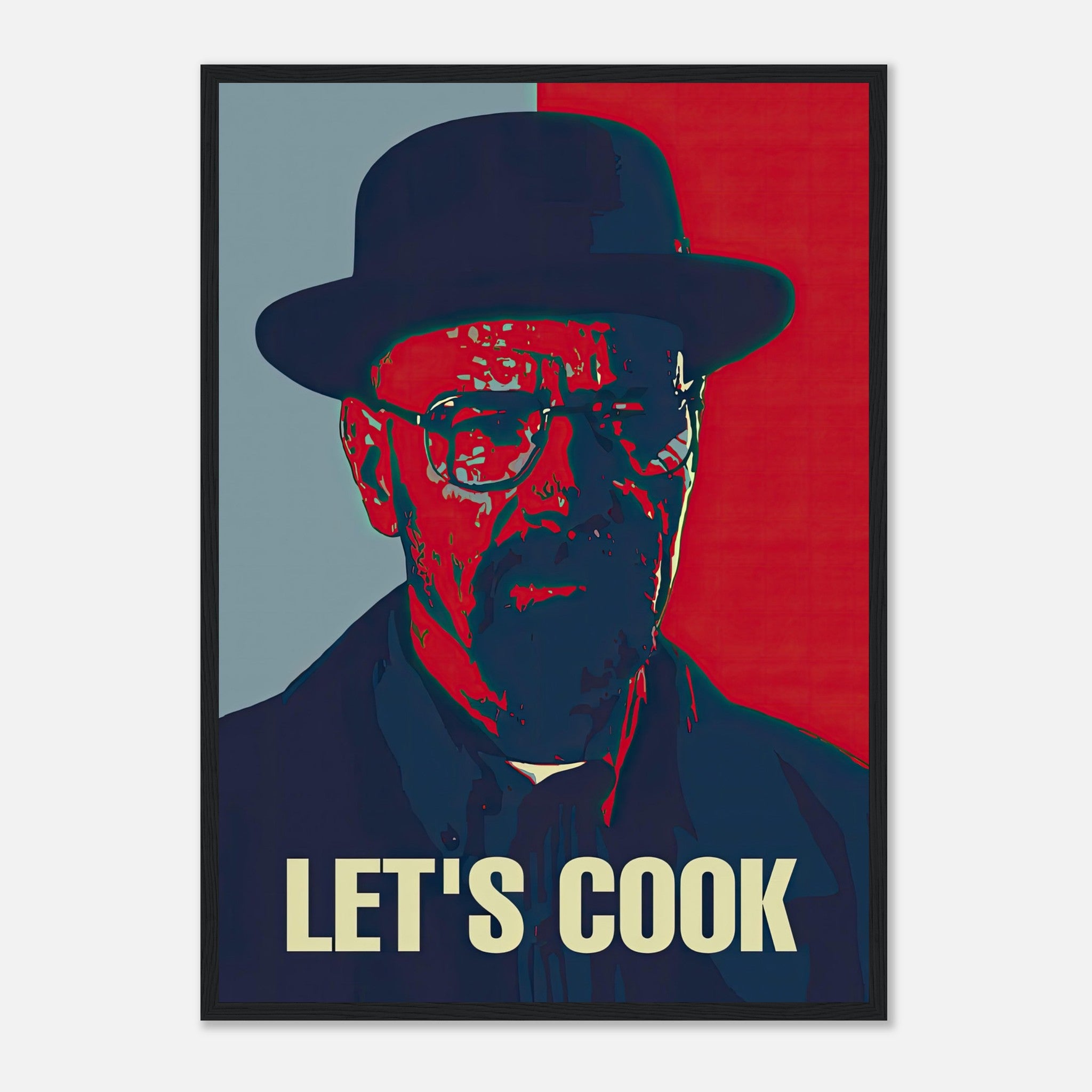 Heisenberg Let’s Cook framed print featuring bold pop art design in red and blue colors, ideal for modern decor.