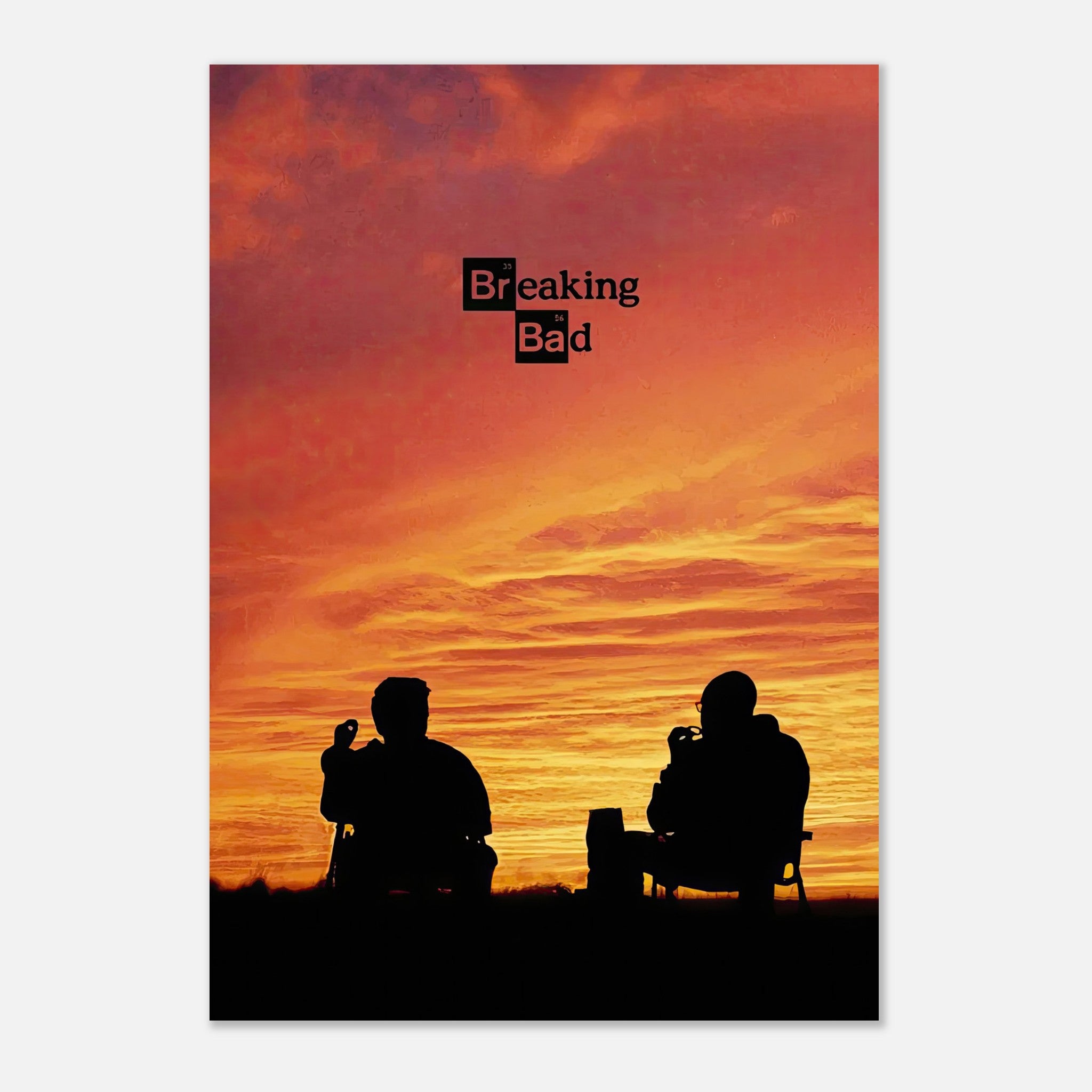 Breaking Bad poster featuring silhouettes of two characters against a vibrant sunset, capturing the show's iconic essence.