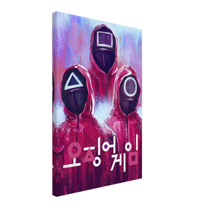 Squid Game canvas print featuring iconic masked characters in red and purple with Korean text, perfect for modern decor.