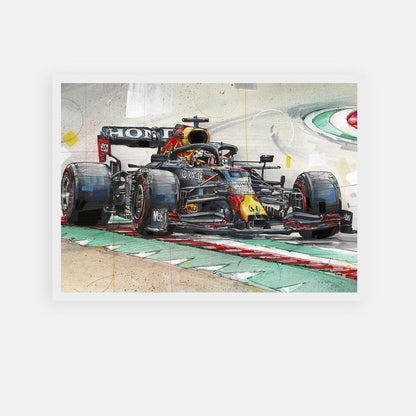 Max Verstappen Red Bull Racing car artwork, vibrant illustration on premium paper, perfect for F1 fans' decor.