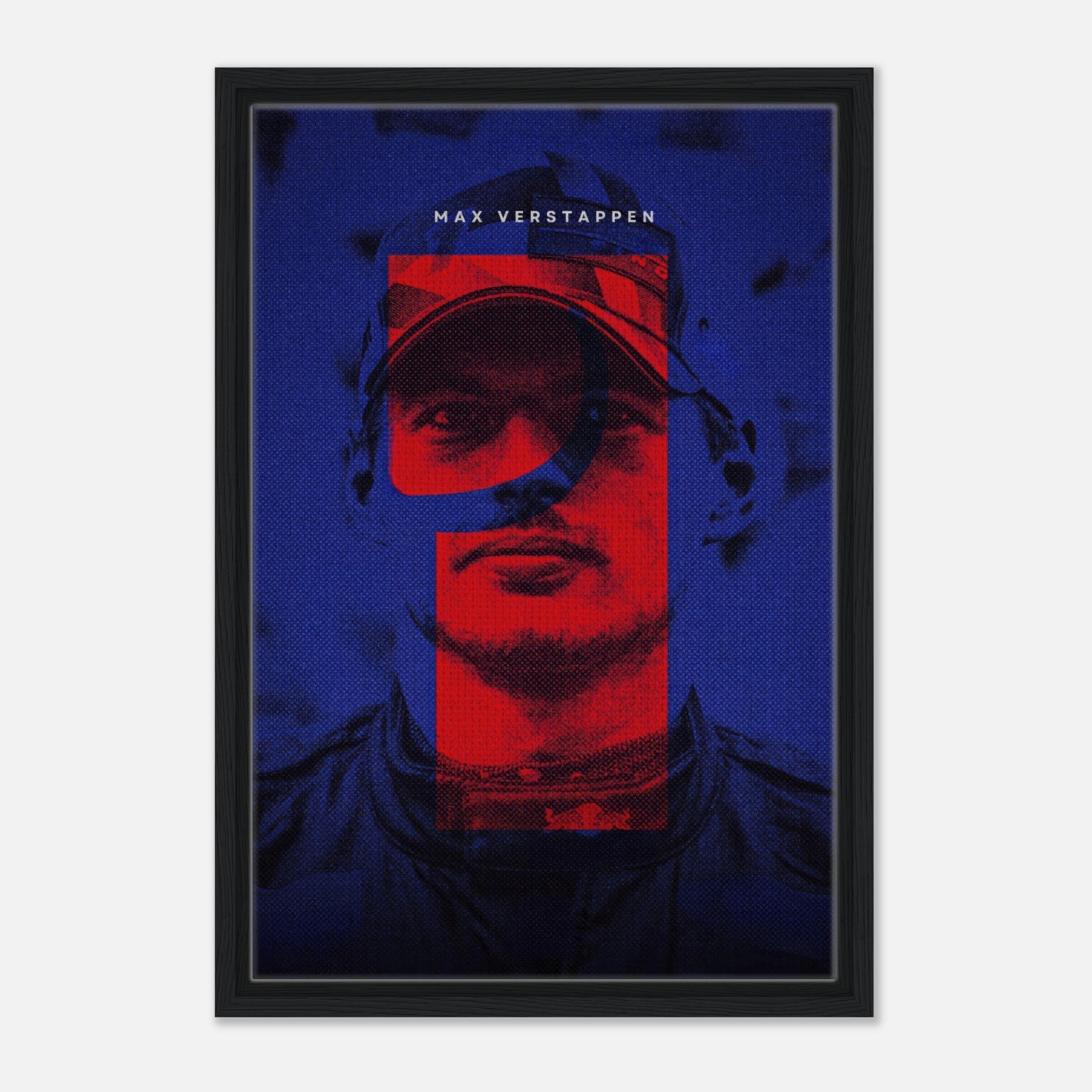 Framed canvas print of Max Verstappen featuring vibrant colors and dynamic design, perfect for F1 fans and modern decor.