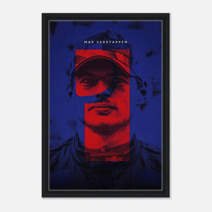 Framed canvas print of Max Verstappen featuring vibrant colors and dynamic design, perfect for F1 fans and modern decor.