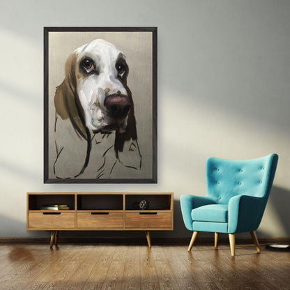 Basset Hound dog painting displayed in a modern living room with a blue chair, showcasing fine art and soulful expression.