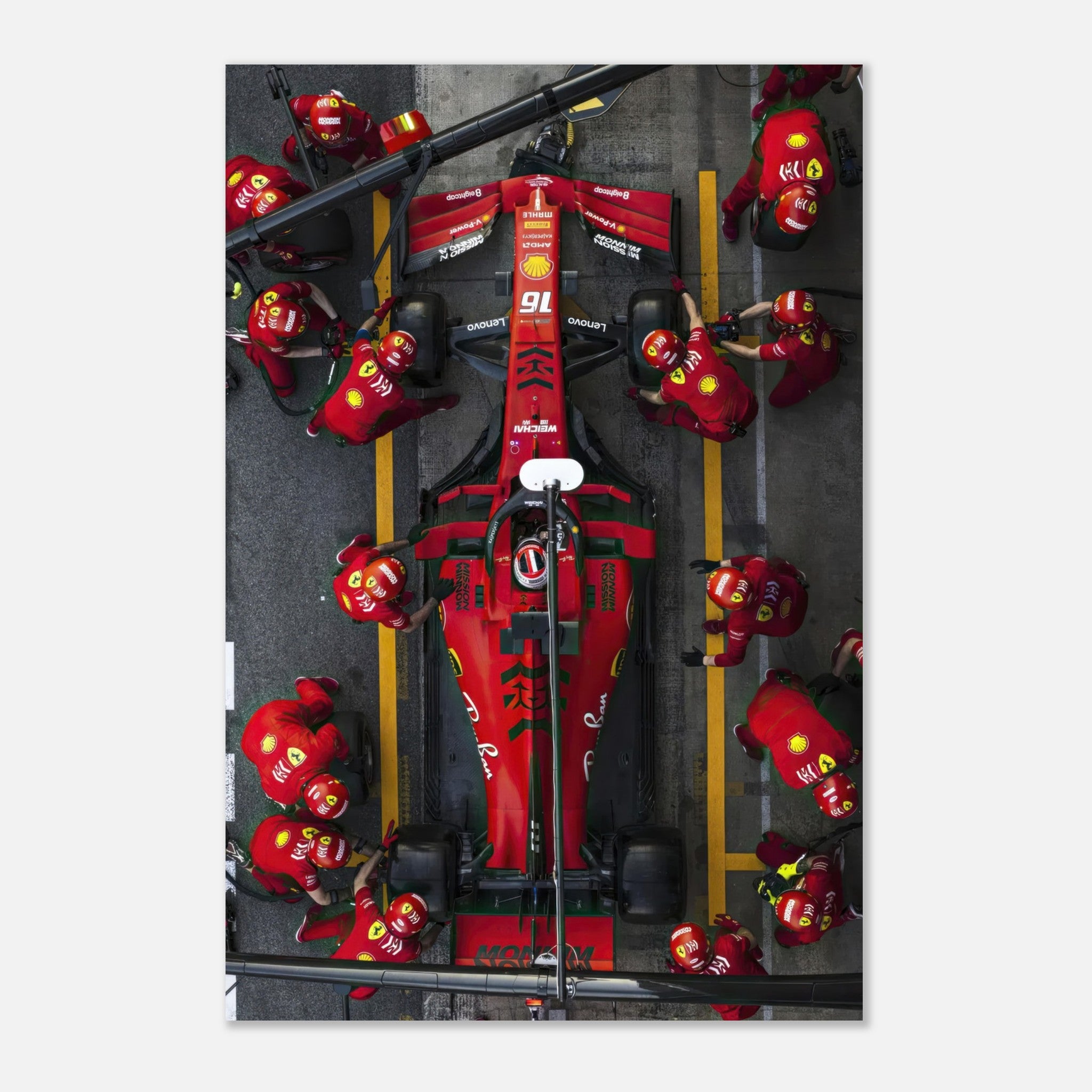 Ferrari pitstop metal print showcasing a dynamic Formula 1 scene with vivid colors and detailed imagery.