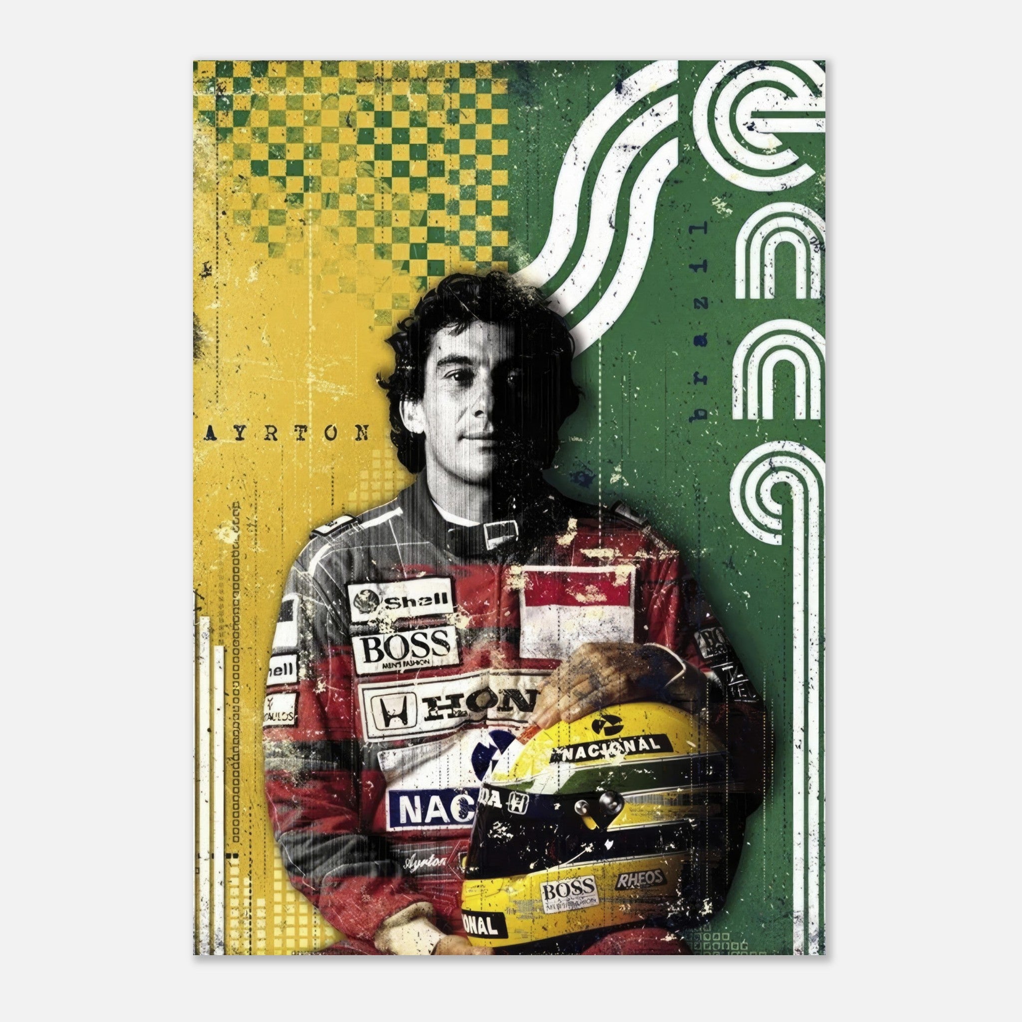 Ayrton Senna F1 Legend poster featuring dynamic design and vibrant colors, celebrating the Brazilian champion's legacy.