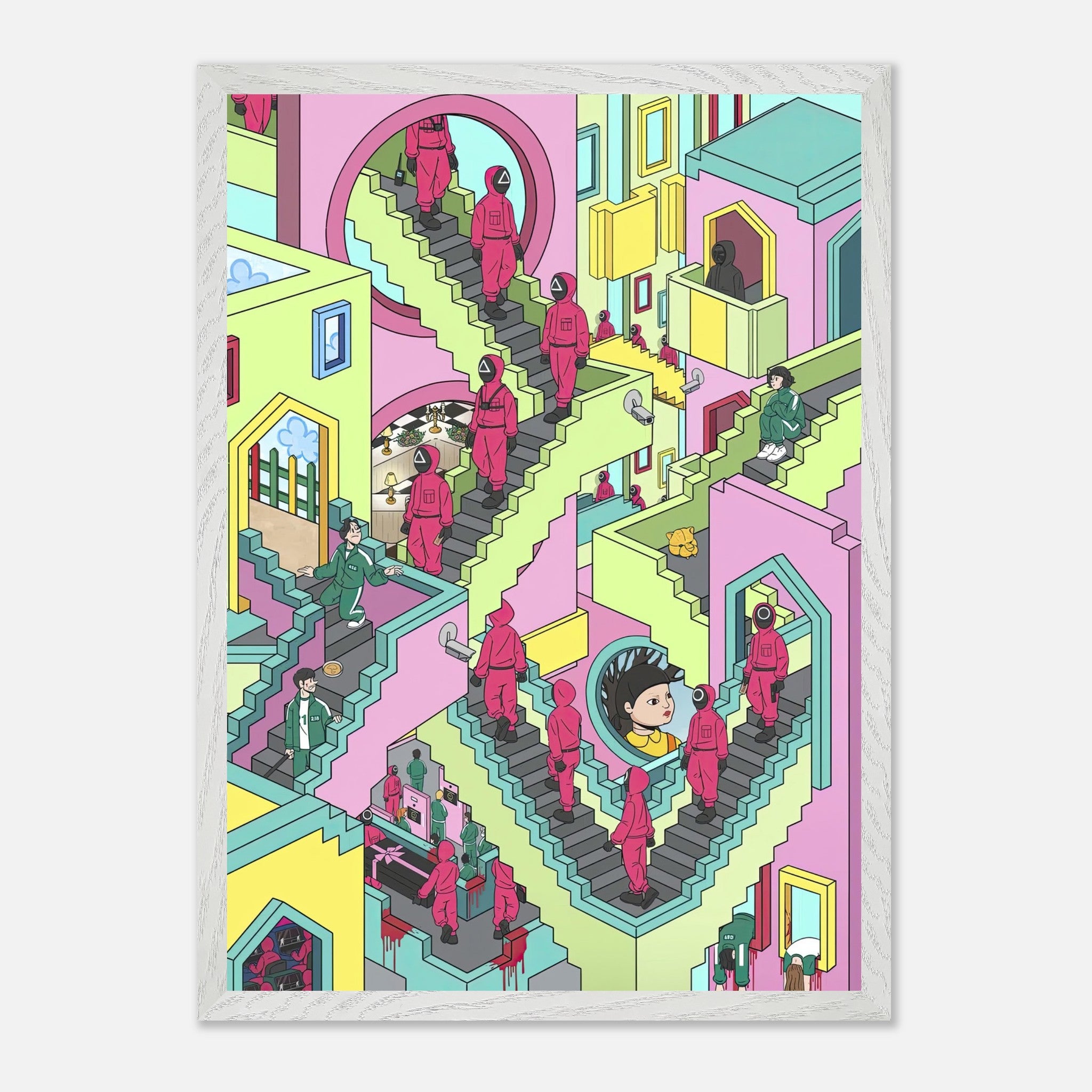 Squid Game Stairs fine art print showcasing vibrant colors and intricate details of iconic, maze-like staircases.