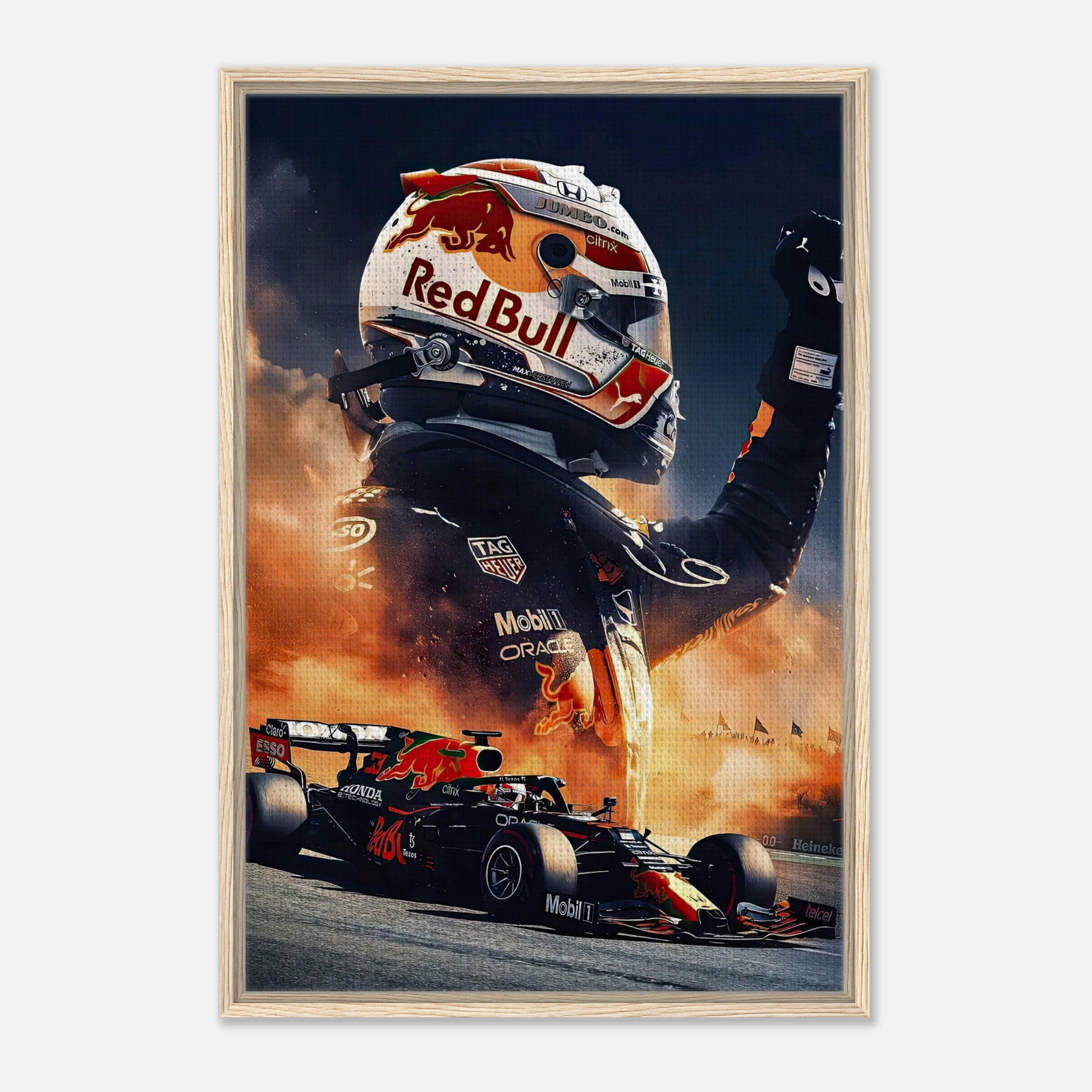 Framed canvas print of Max Verstappen in Red Bull gear, featuring intense racing imagery and dynamic colors.