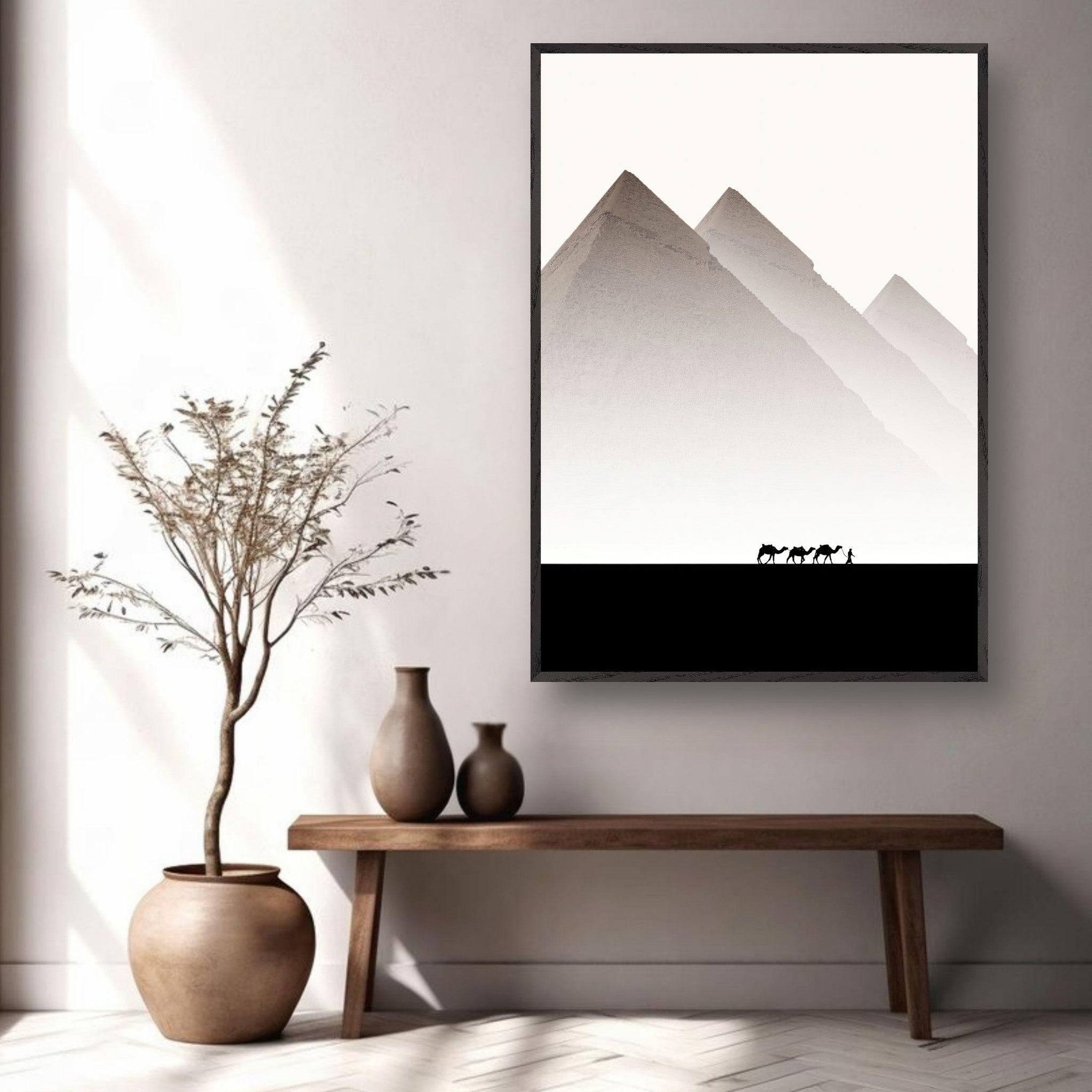 Framed Giclée art of the Pyramids of Giza displayed in a modern interior, featuring muted tones and minimalist design.