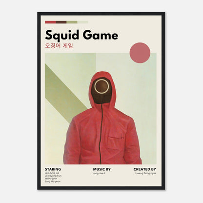 Vintage Squid Game framed print featuring a red-hooded figure and minimalist design, perfect for fans and collectors.