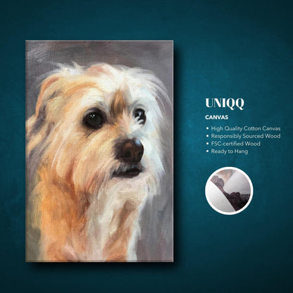 Terrier dog painting on canvas highlighting expressive eyes and warm tones, perfect for home decor.