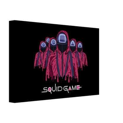 Squid Game Soldiers Canvas featuring masked guards in red uniforms on a black background, perfect for series fans.