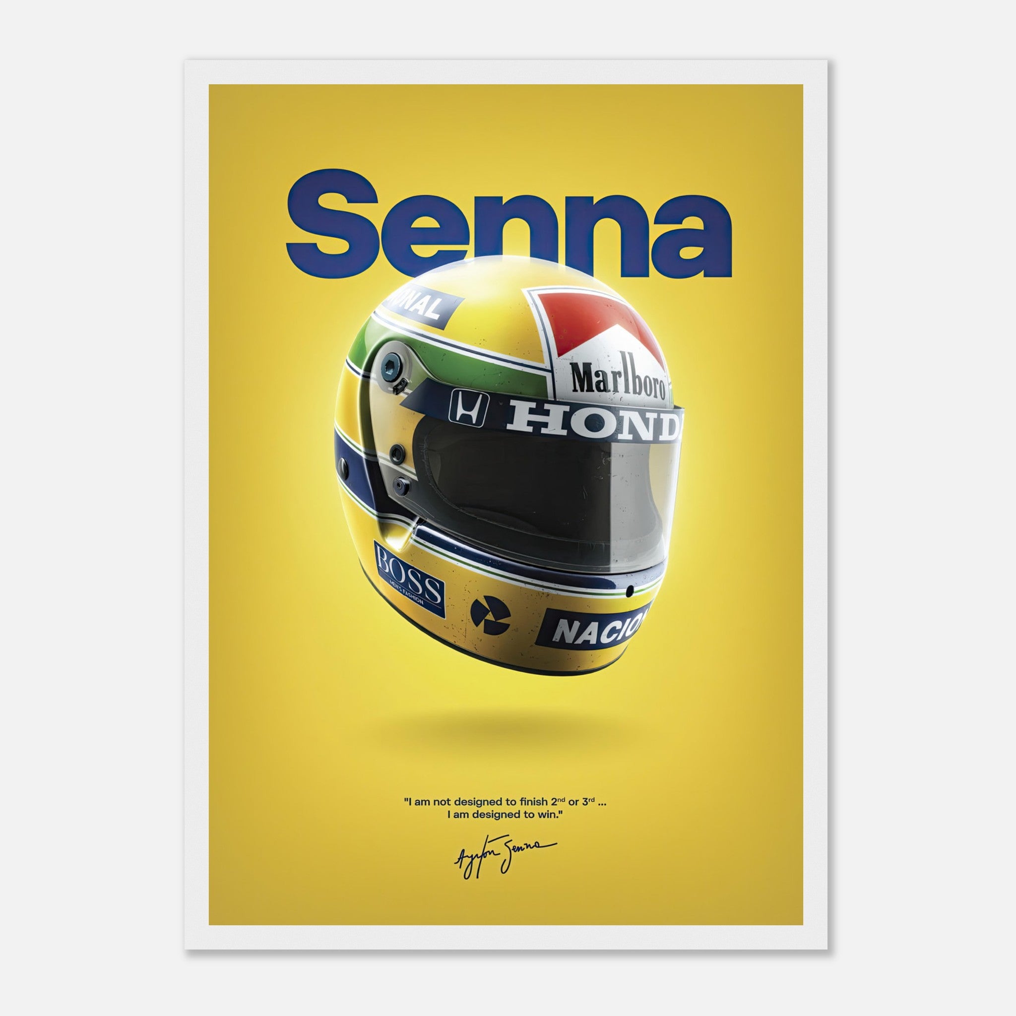 Ayrton Senna helmet framed poster with vibrant colors and inspiring quote on a bold yellow background.