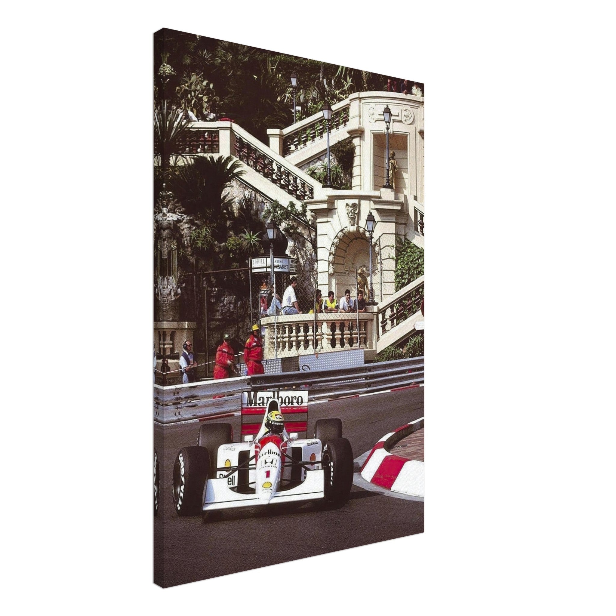 Ayrton Senna racing his McLaren at Monaco, vibrant canvas print showcasing motorsport history and elegance.