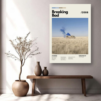 Vintage Breaking Bad metal poster featuring RV in desert landscape with blue smoke, minimalist design, wall decor.