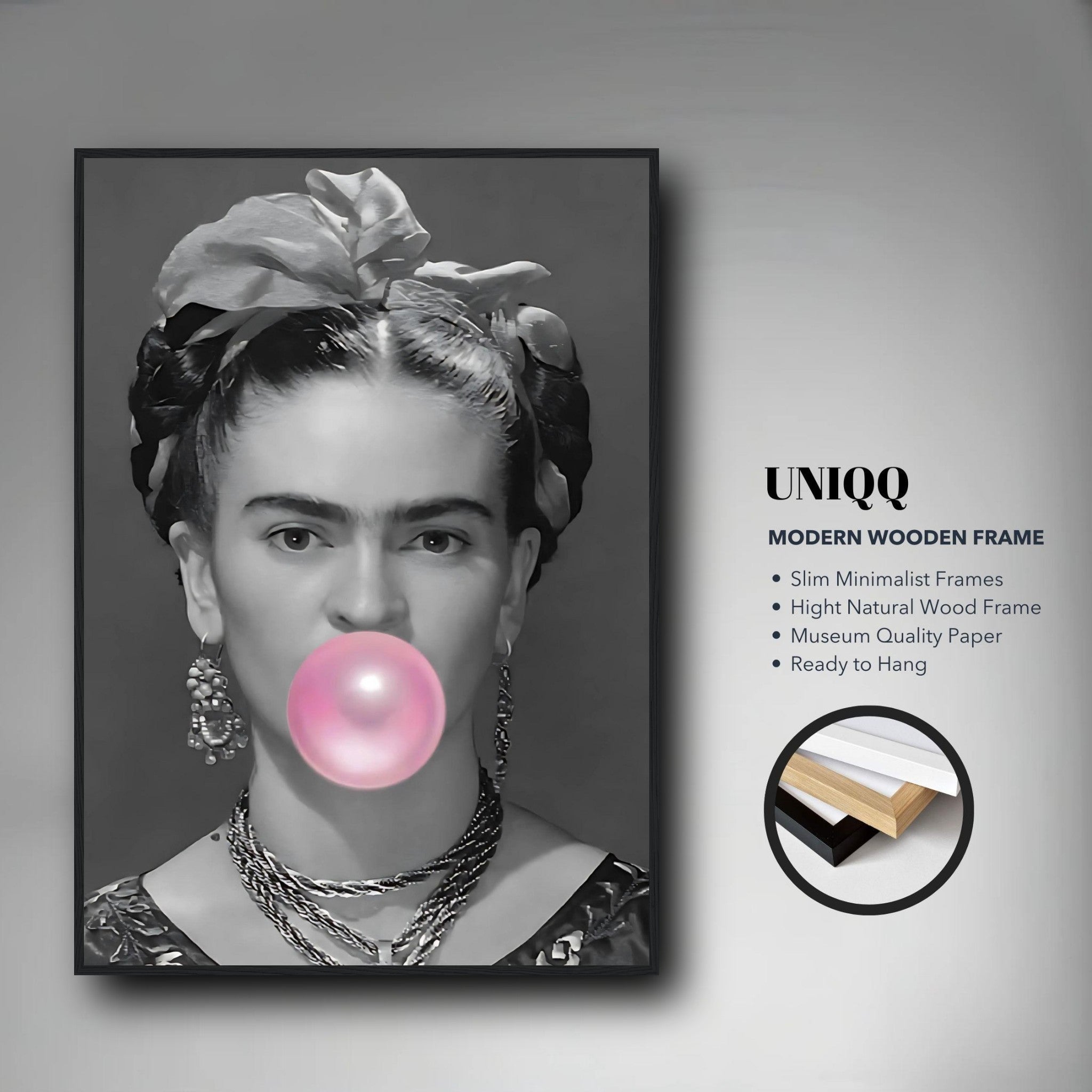 Frida Kahlo Bubble Gum framed print in black and white with pink bubble gum, showcasing modern wooden frame design.