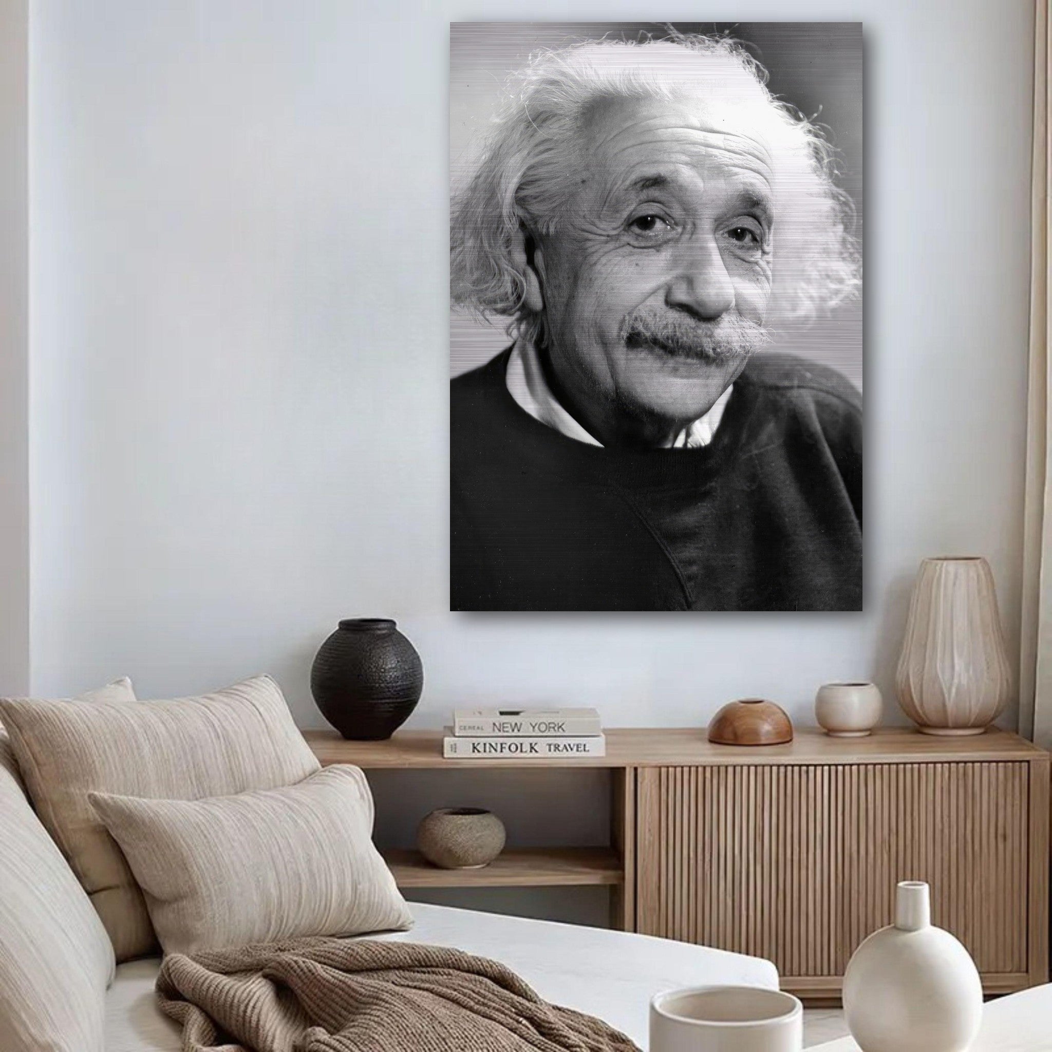 Albert Einstein brushed metal print in a stylish living room, capturing the essence of the famed physicist's wisdom.