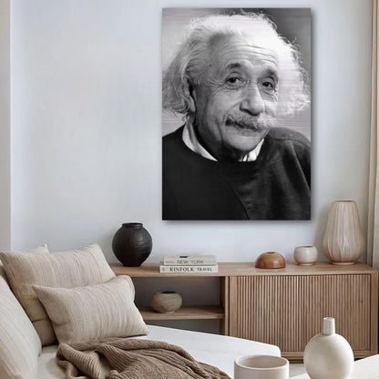 Albert Einstein brushed metal print in a stylish living room, capturing the essence of the famed physicist's wisdom.