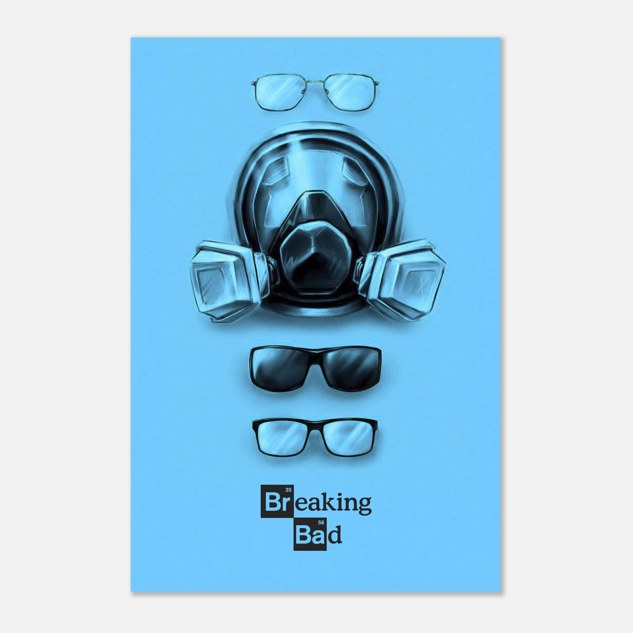 Chemistry of Masks Metal Poster featuring Breaking Bad gas mask and eyewear on a vibrant blue background. Minimalist design.