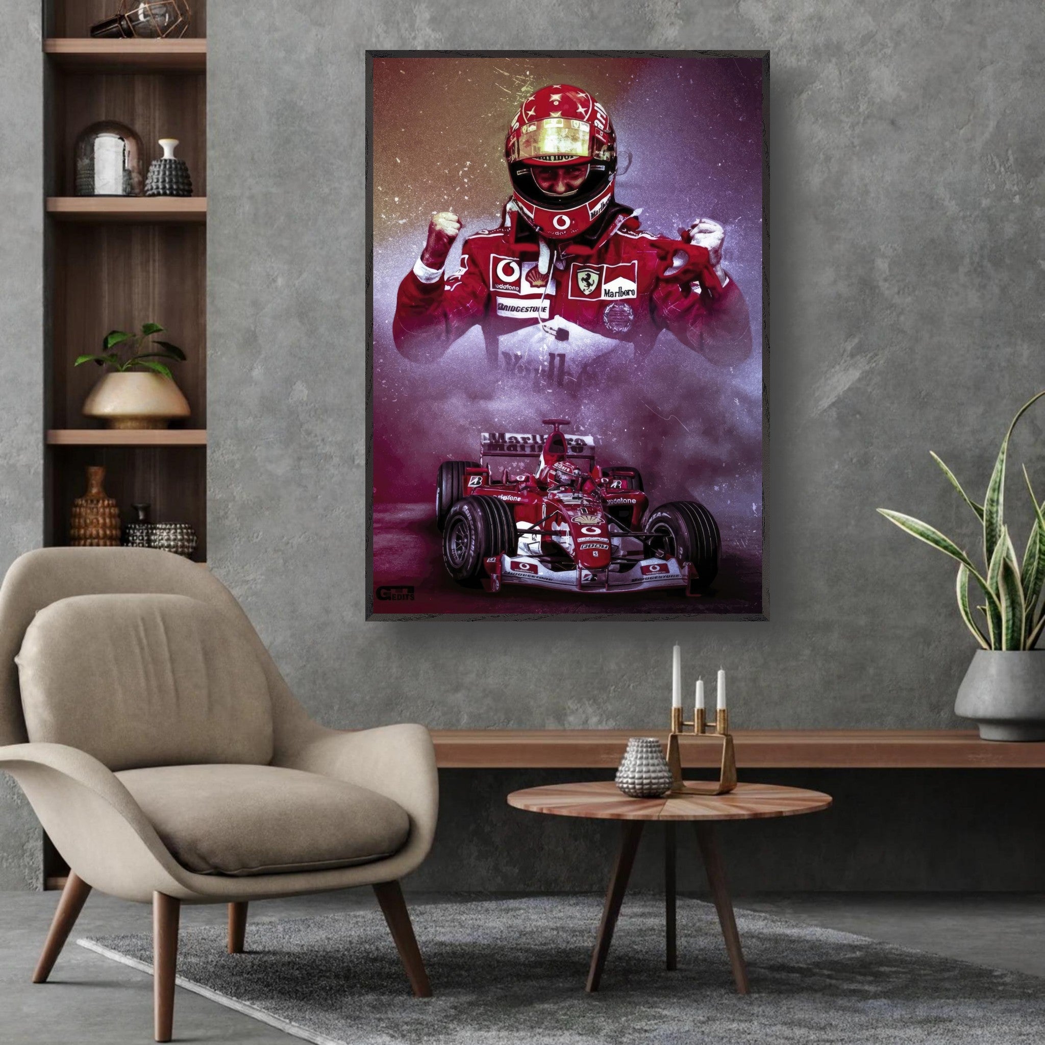 Michael Schumacher fine art print in Ferrari suit, showcasing racing legacy in vibrant colors, displayed in modern interior.