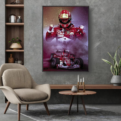 Michael Schumacher fine art print in Ferrari suit, showcasing racing legacy in vibrant colors, displayed in modern interior.