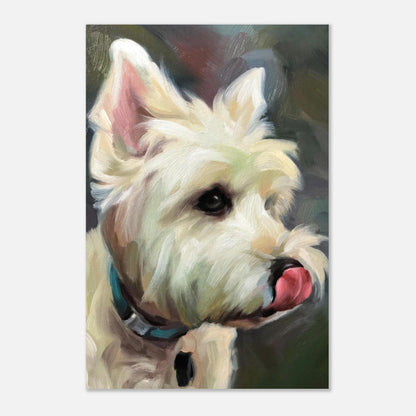 Westie dog painting metal print featuring a fluffy white West Highland Terrier with expressive eyes and a playful tongue.