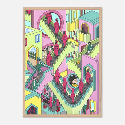 Vibrant Squid Game Stairs fine art print depicting intricate, colorful staircases filled with characters in a surreal design.