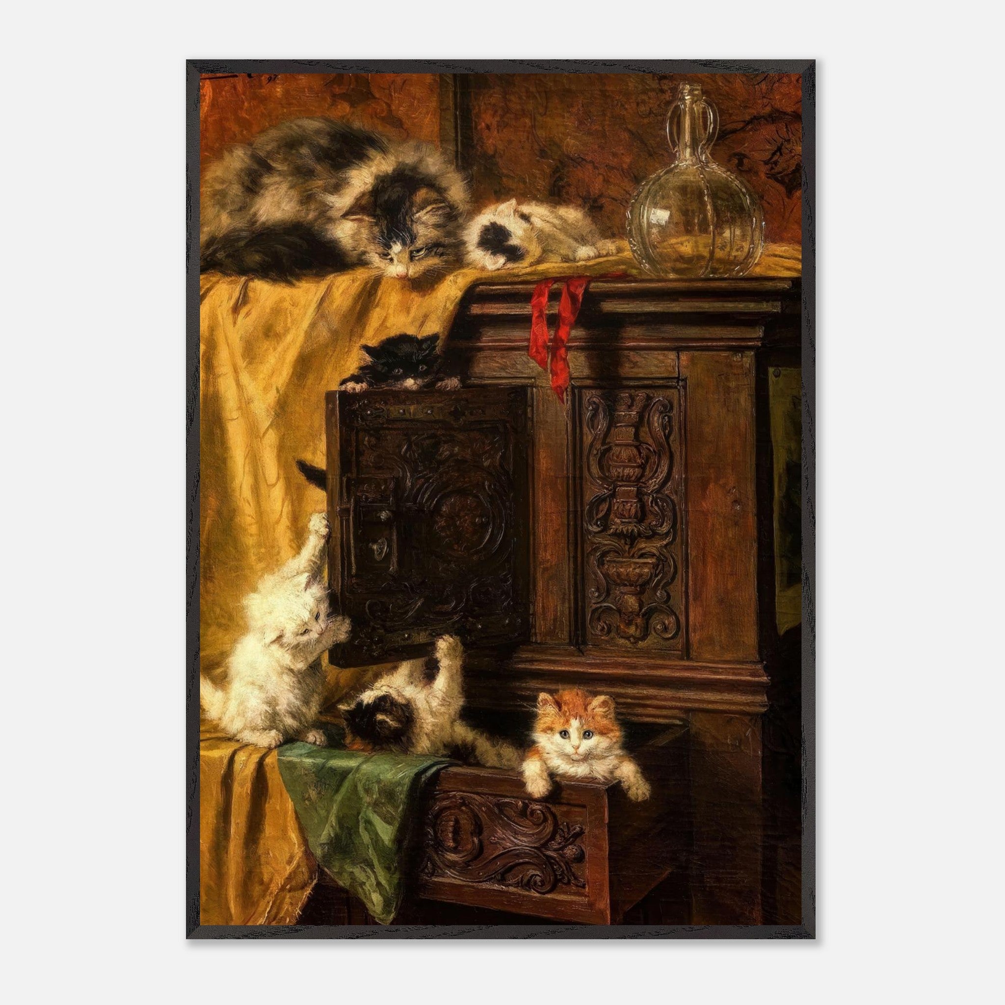 Vintage cat painting depicting playful kittens on an ornate cabinet, showcasing museum-quality fine art.