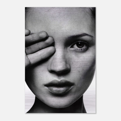 Kate Moss black and white portrait on brushed metal, showcasing a striking minimalist design and timeless beauty.