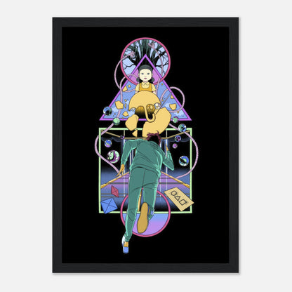 Doll Squid Game framed print featuring the iconic doll and player in a vibrant, artistic design. Perfect for fans.