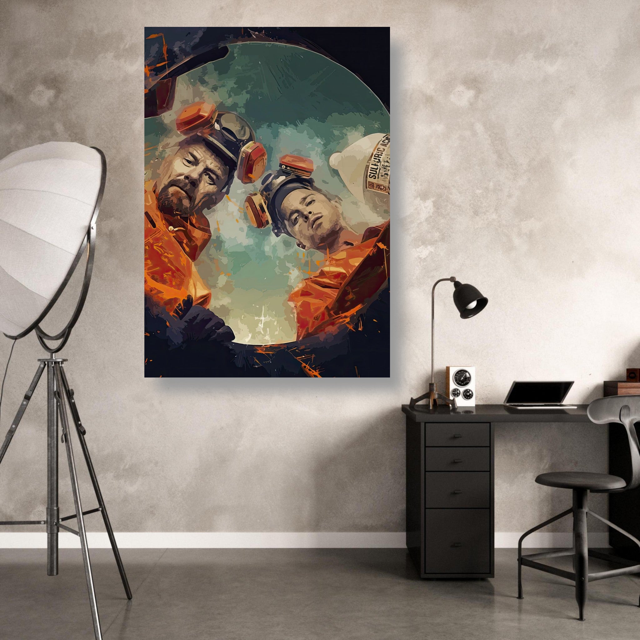 Breaking Bad metal print featuring Walter White and Jesse Pinkman in hazmat suits, perfect for edgy home decor.