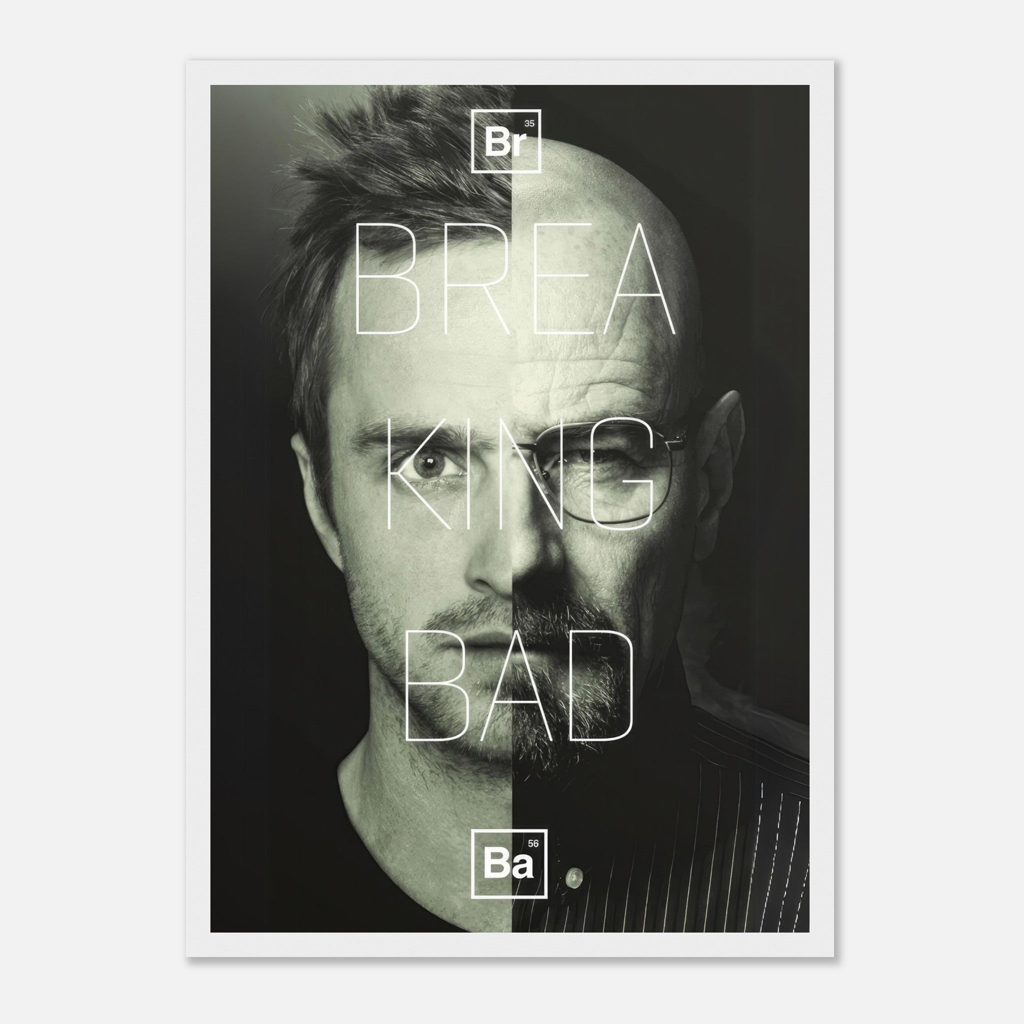 Jesse x Walter Breaking Bad framed print showcasing a bold split-face design, perfect for fans and collectors.