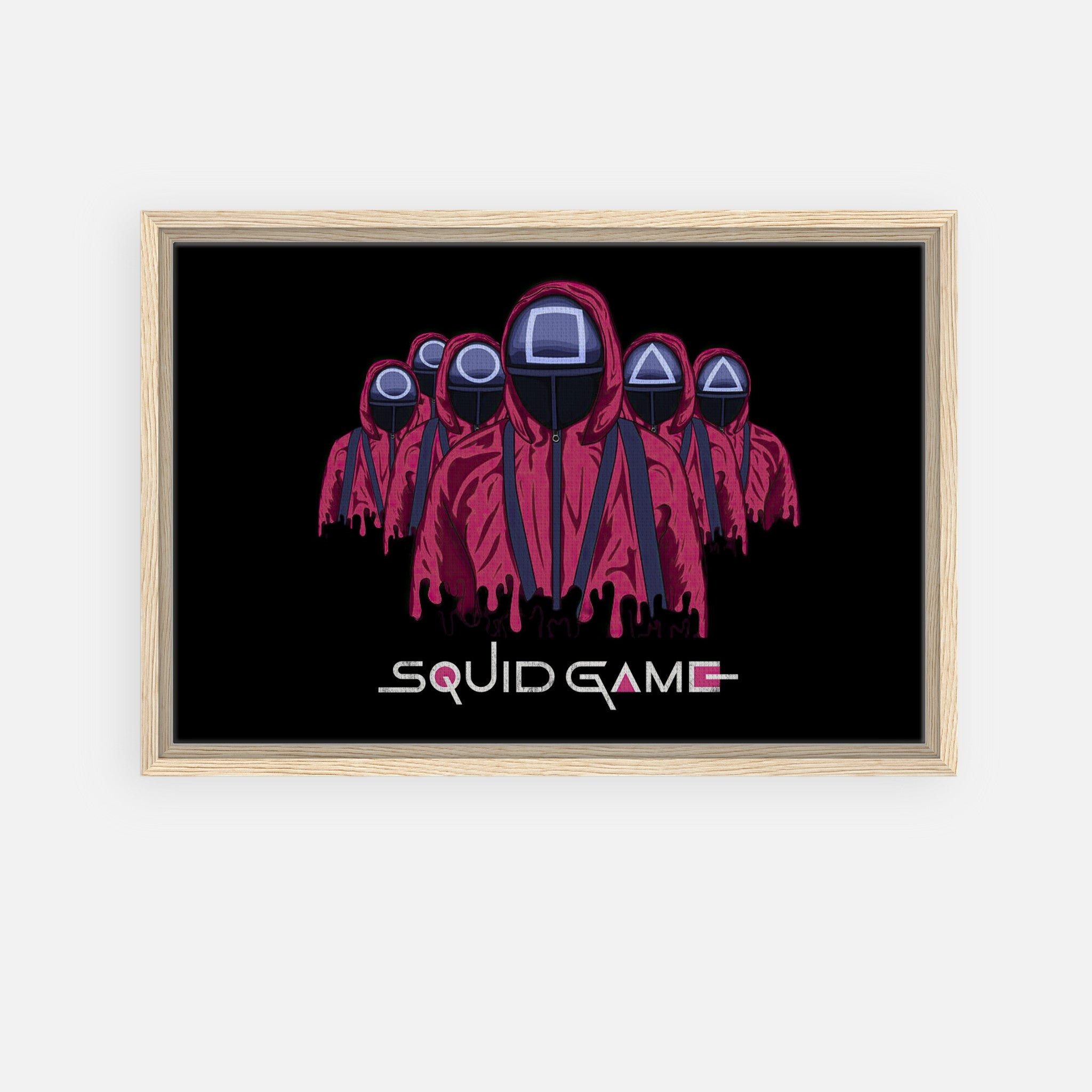 Squid Game Soldiers framed canvas print featuring iconic masked guards in red uniforms on a black background.