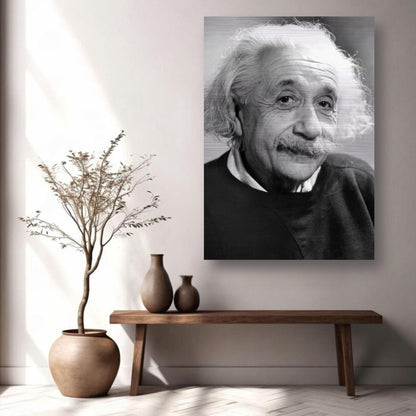 Brushed metal print of Albert Einstein (1946) displayed in a modern living space, emphasizing wisdom and artistry.