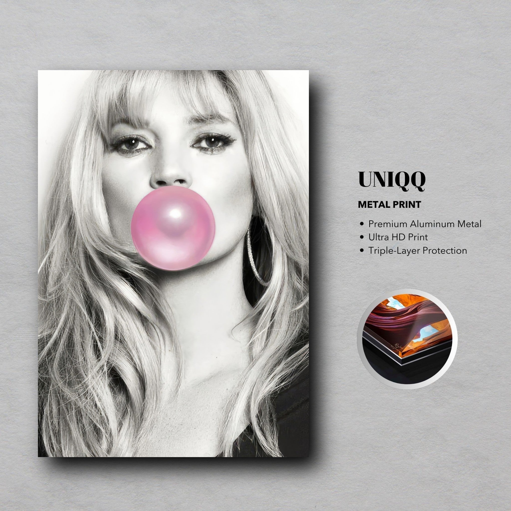 Kate Moss pink bubble gum metal poster with premium aluminum, ultra HD print, and triple-layer protection.