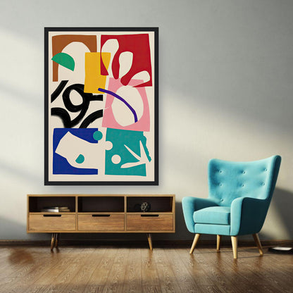 Abstract Harmony framed print showcasing bold geometric shapes and vibrant colors in a stylish living room.