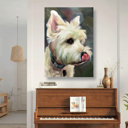 Westie Dog Painting Metal Print showcasing a detailed portrait of a West Highland White Terrier in a stylish interior.
