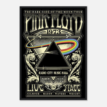 Framed print of Pink Floyd's 1973 Dark Side of the Moon tour poster featuring iconic prism and rainbow graphics.