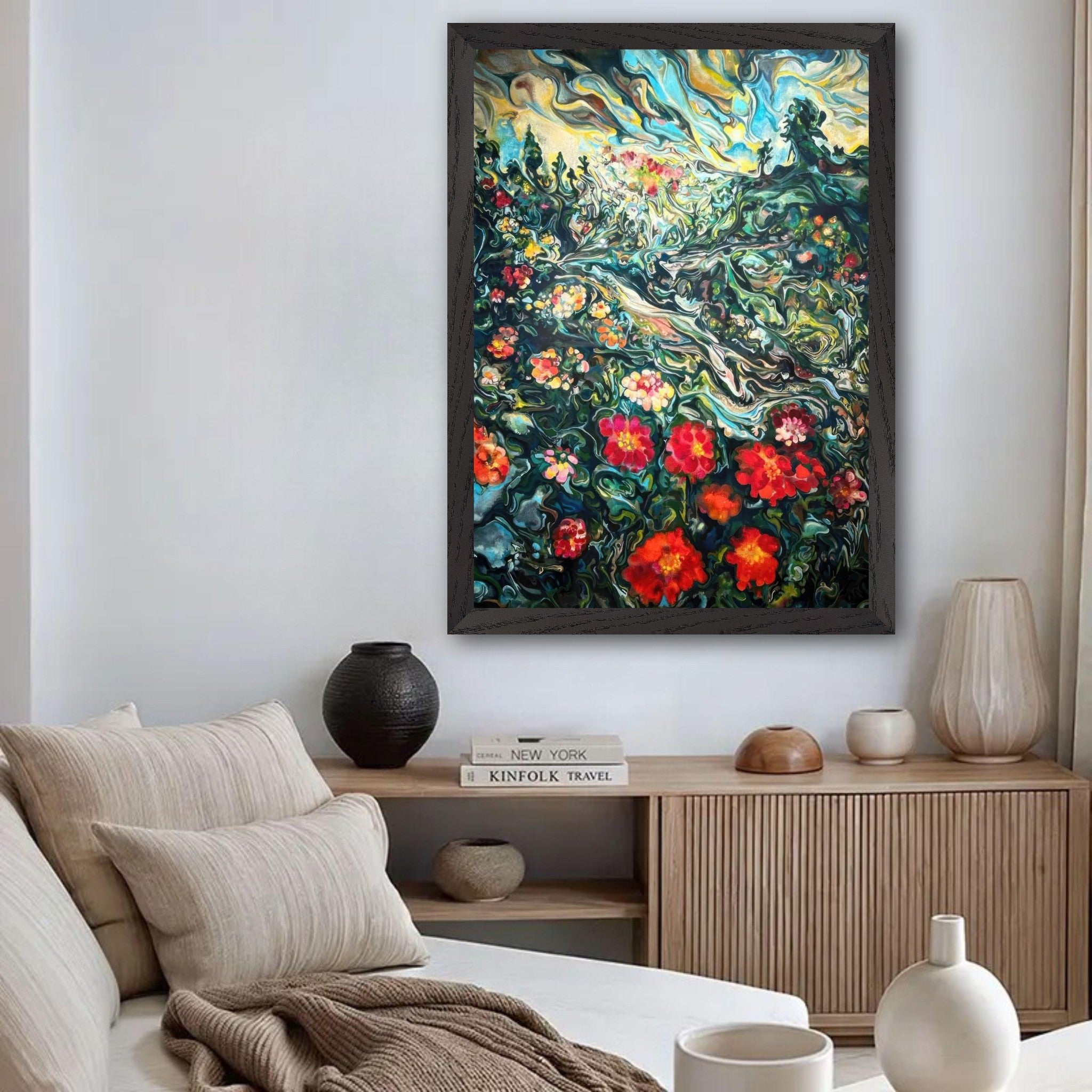 Abstract floral landscape painting in vintage frame, showcasing vibrant colors and a lush meadow in a modern living room setting.