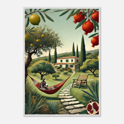 Mediterranean rural landscape with donkey in hammock, cypress trees, and villa under orange and pomegranate trees.