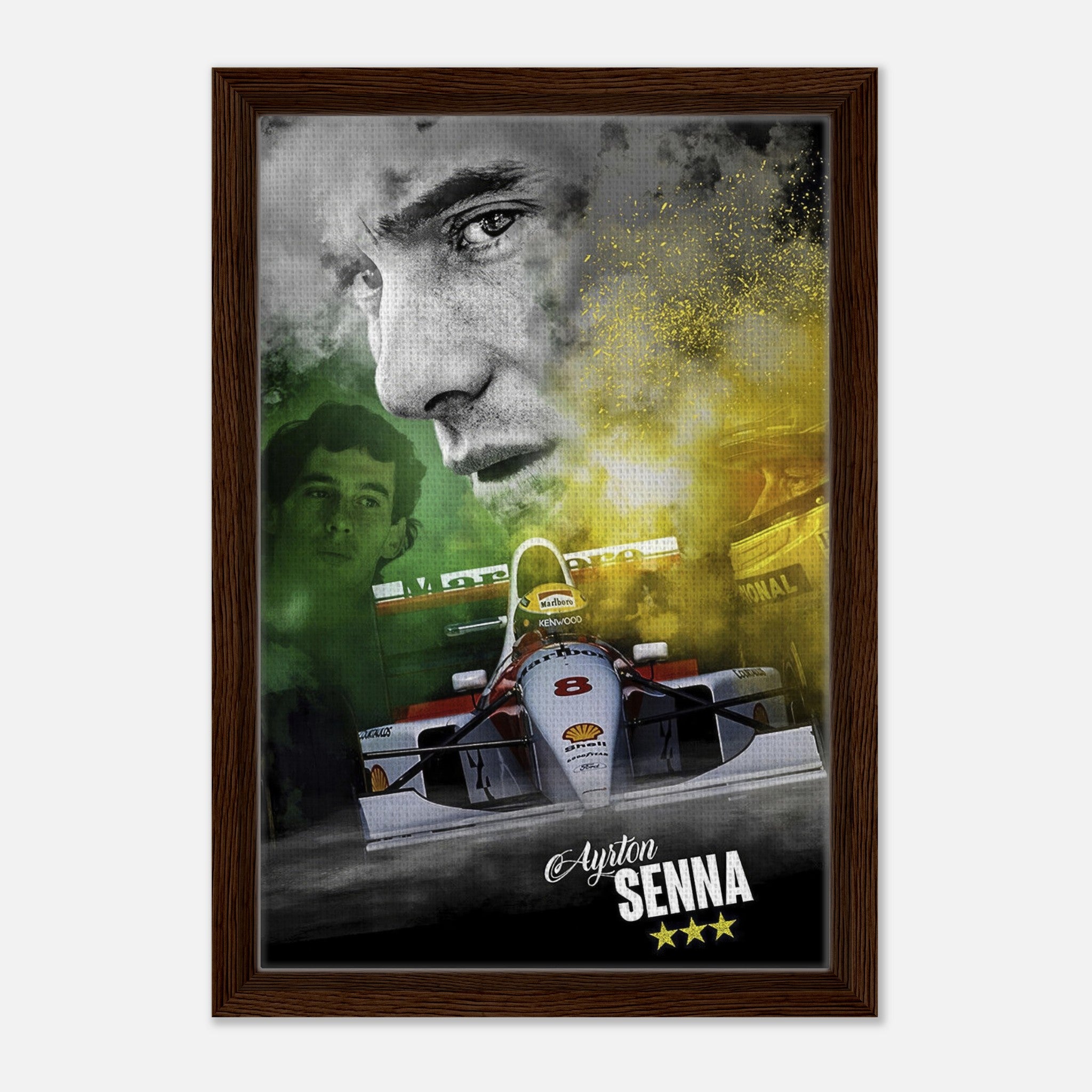 Ayrton Senna framed canvas print featuring his iconic F1 car and portrait, capturing racing legend's essence in vibrant colors.