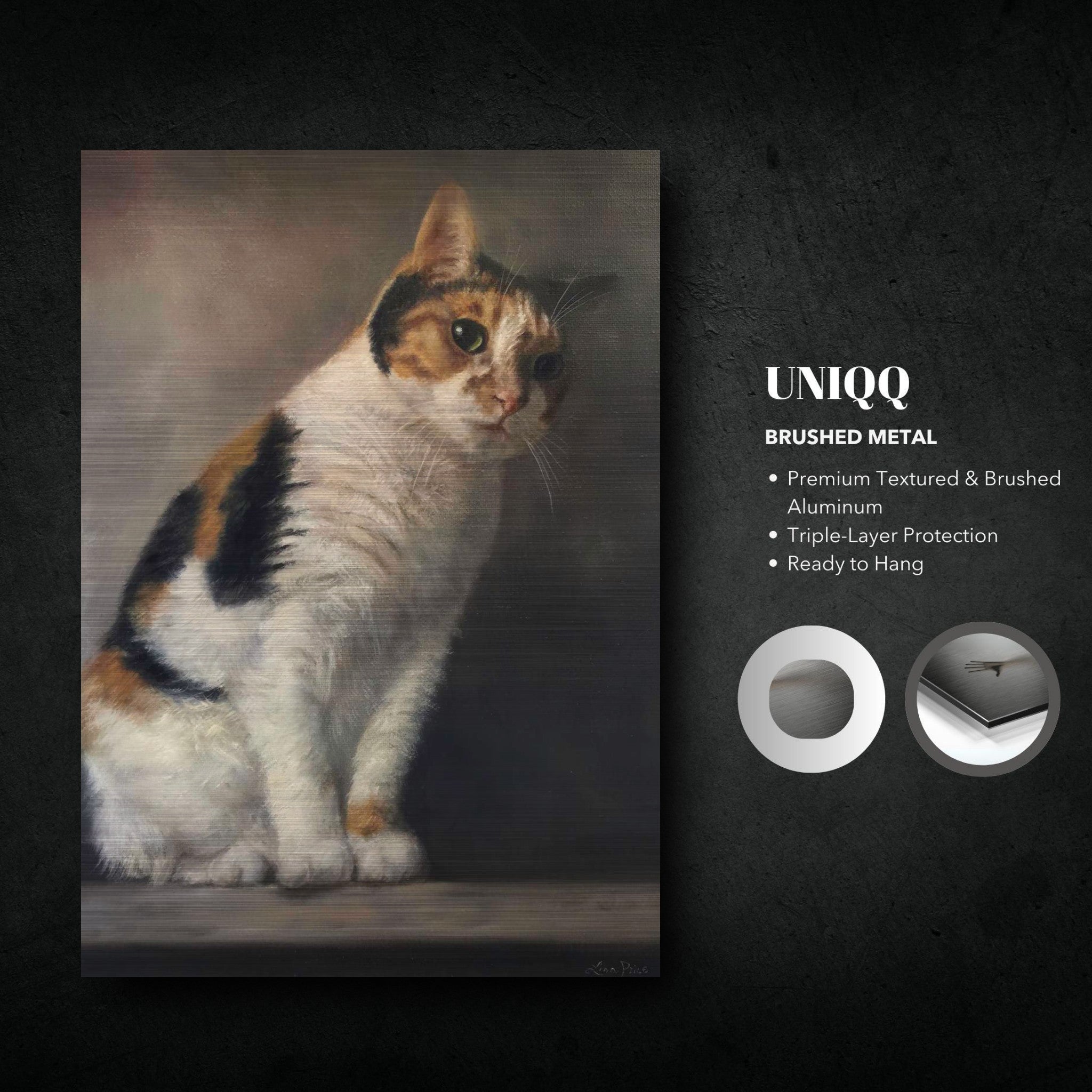 Realistic cat portrait painting on brushed metal, featuring intricate details and soft lighting effects.