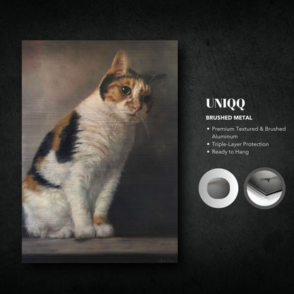 Realistic cat portrait painting on brushed metal, featuring intricate details and soft lighting effects.