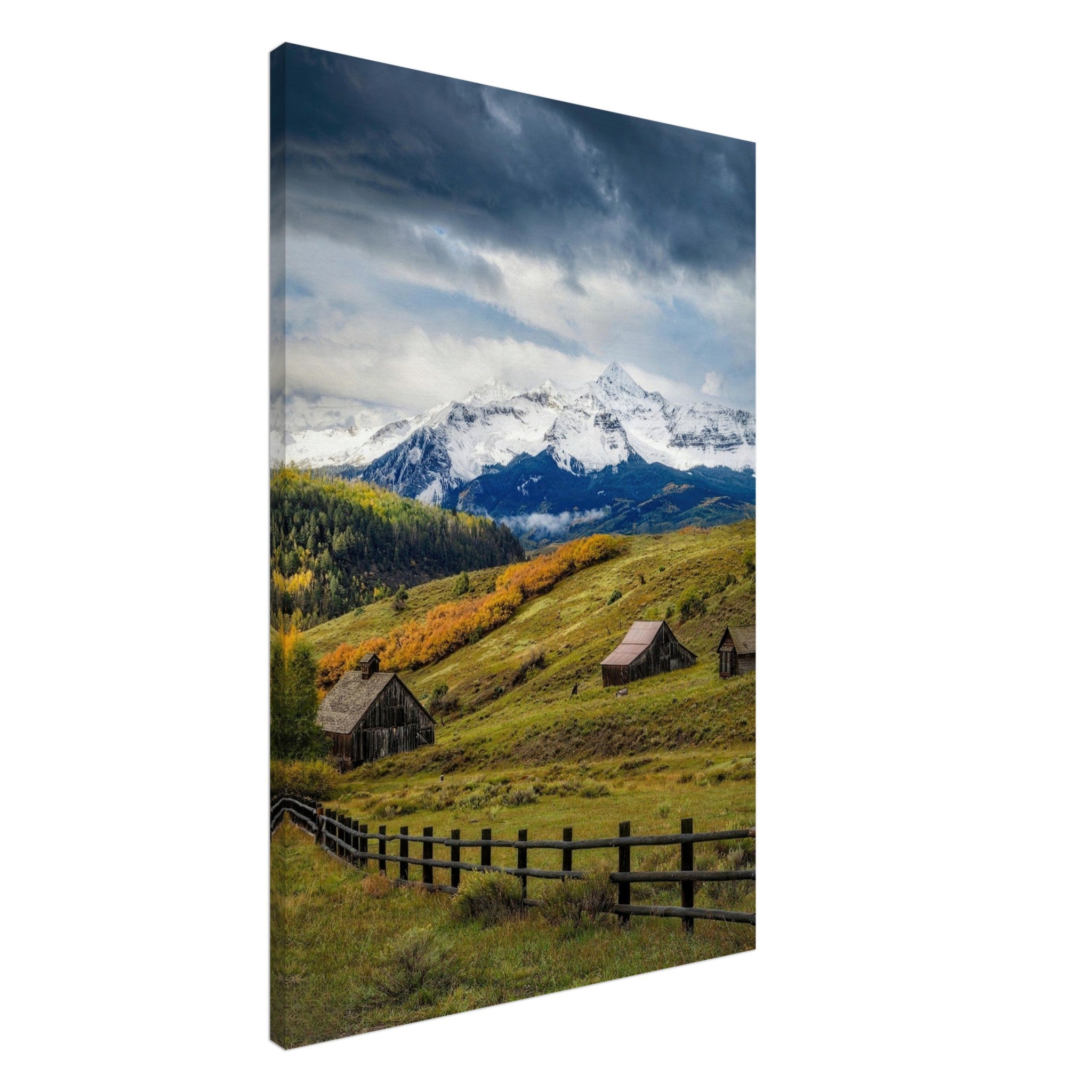 Telluride, Colorado canvas featuring rustic cabins and snow-capped peaks with vibrant autumn foliage.