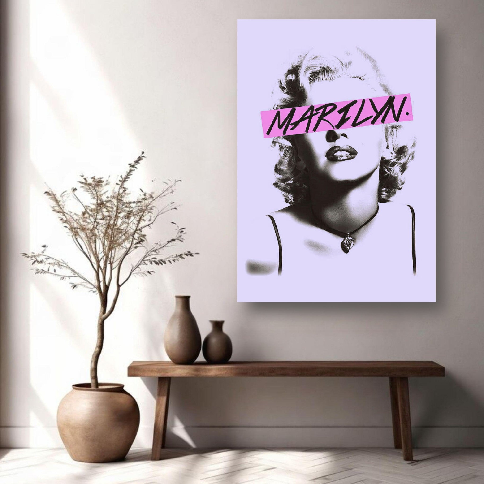 Marilyn Monroe metal poster featuring bold typography and vintage design, displayed in a modern room setting.