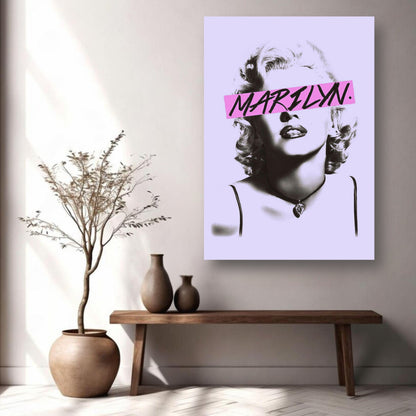 Marilyn Monroe metal poster featuring bold typography and vintage design, displayed in a modern room setting.