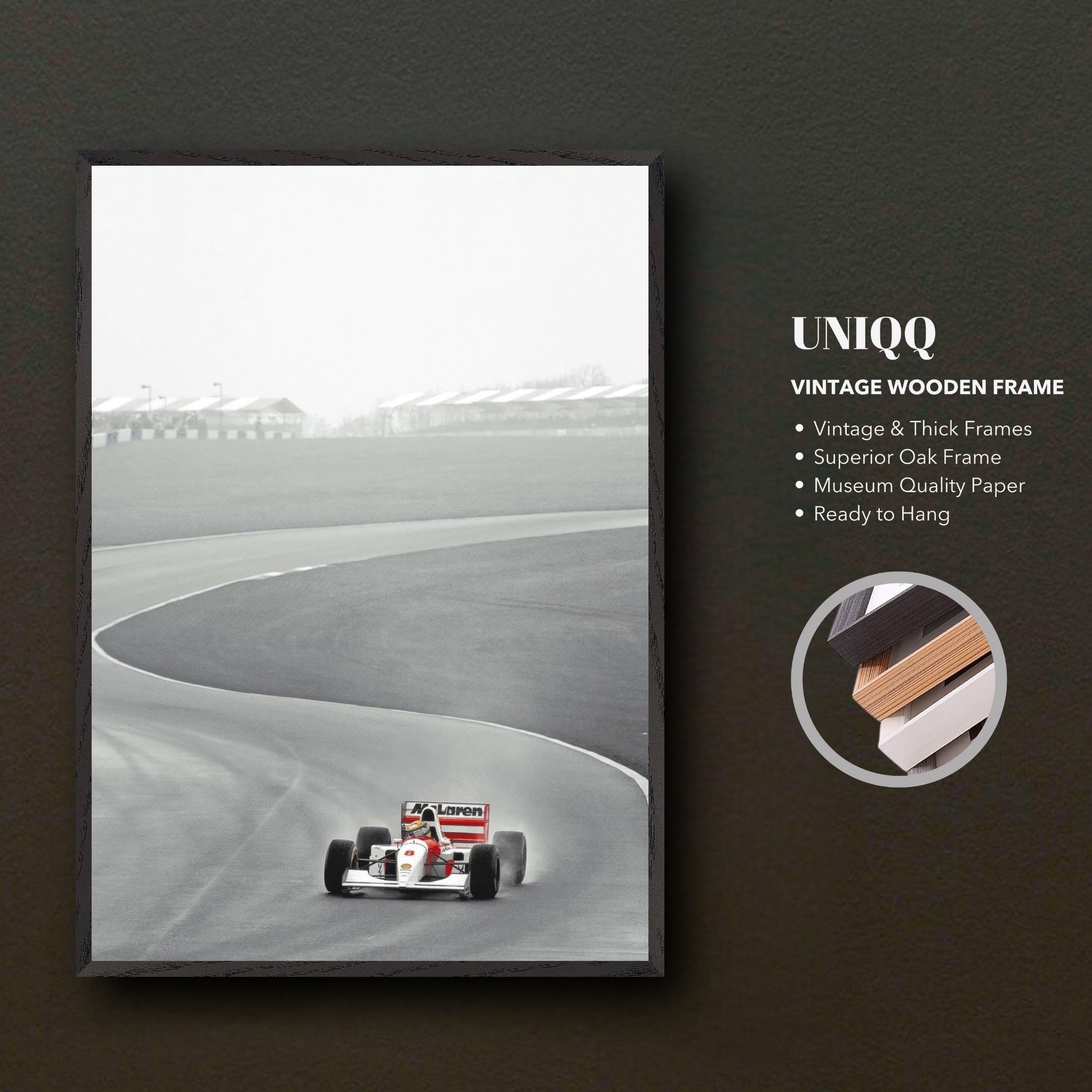 1988 Ayrton Senna McLaren photography in vintage wooden frame, showcasing iconic Formula 1 action.