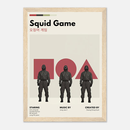 Squid Game vintage framed print featuring iconic characters and bold retro design elements in minimalist style.