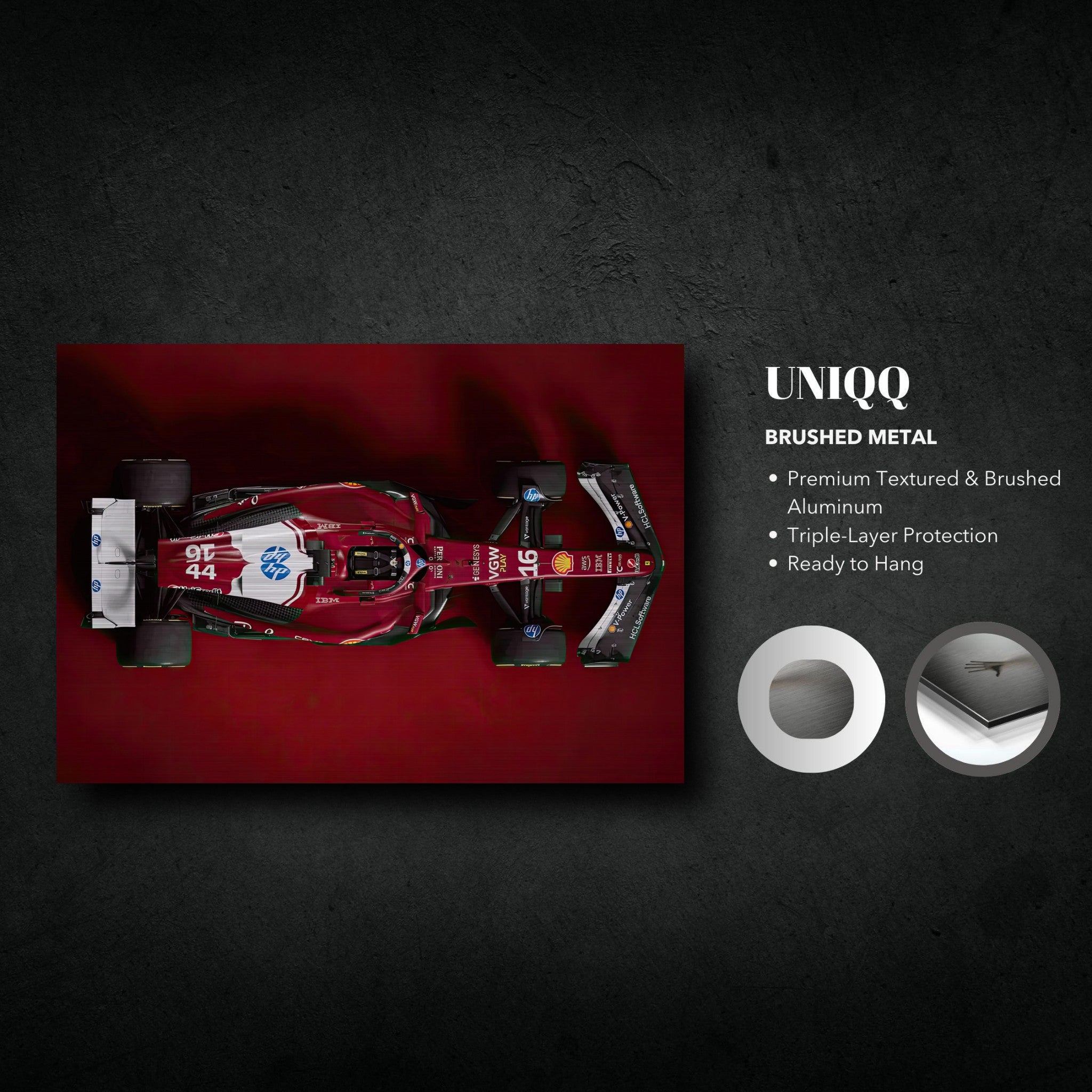 Ferrari F1 2025 artwork on brushed metal with premium texture, featuring top view of the racing car ready to hang.